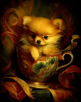 Cute Pomeranian Puppy - Pup in a Cup - Art Print - 8"x10" Artwork