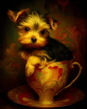 Cute Yorkshire Terrier Puppy - Pup in a Cup - Art Print - 8"x10" Artwork