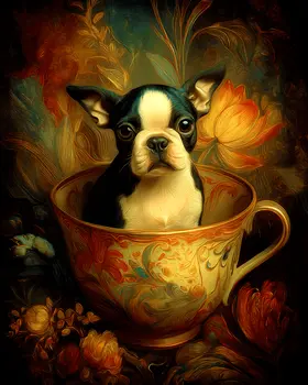 Cute Boston Terrier Puppy - Pup in a Cup - Art Print - 8"x10" Artwork