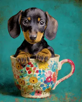 Lil Dachshund Puppy - Pup in a Cup - Art Print - 8"x10" Artwork