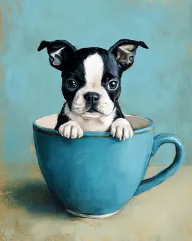 Mini Boston Terrier - Pup in a Cup - Art Print - 8"x10" Artwork