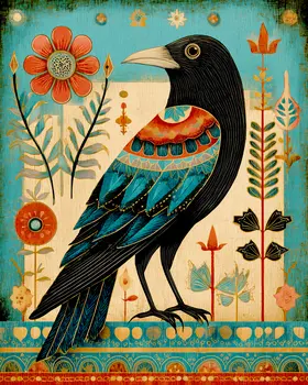 Vintage Folk Art Raven Art Print - 8"x10" Artwork