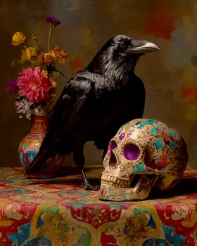 Calavera Skull & Raven Still-Life Art Print - 8"x10" Artwork