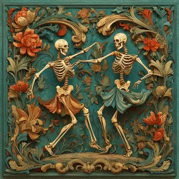 Dancing Skeleton Couple Wholesale Woodcut Style Art Print - 8"x8" Artwork for 12"x12" Frame