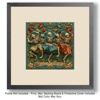 Dancing Skeletons Wholesale Woodcut Style Art Print - 8"x8" Artwork for 12"x12" Frame
