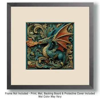 Dragon Wholesale Woodcut Style Art Print - 8"x8" Artwork for 12"x12" Frame