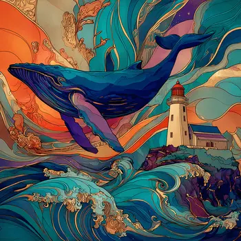 Art Nouveau Whale and Lighthouse Art Print - Art Nouveau Style 8"x8" Artwork for 12"x12" Frame
