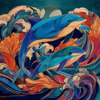 Art Nouveau Dolphins  Art Print - Art Nouveau Style 8"x8" Artwork for 12"x12" Frame