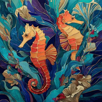 Art Nouveau Seahorses Art Print - Art Nouveau Style 8"x8" Artwork for 12"x12" Frame