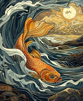 Art Nouveau Swimming Fish Art Print - Art Nouveau Style 8"x10" Artwork