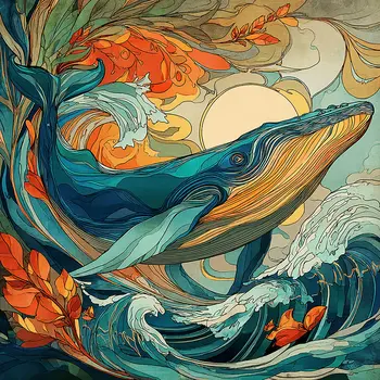 Art Nouveau Whale Art Print - Art Nouveau Style 8"x8" Artwork for 12"x12" Frame