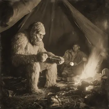 Bigfoot Toasting Marshmallows Art Print - 8"x8" Artwork for 12"x12" Frame