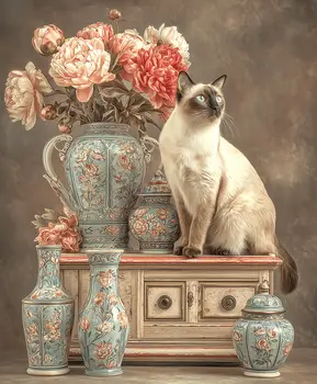 Siamese Cat and China Still Life art print: Too Much is Never Enough