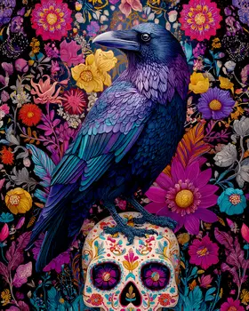 Raven on Calavera Skull Halloween Art Print - 8"x10" Artwork