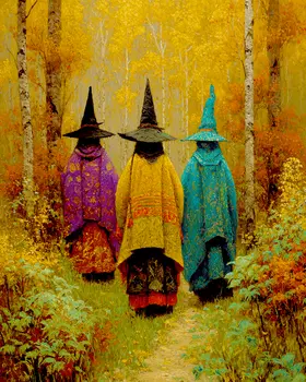 Three Witch's Heading Home Halloween Art Print - 8"x10" Artwork