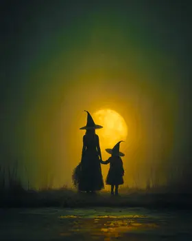 Witch Mother & Daughter Walking Home Halloween Art Print - 8"x10" Artwork