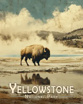Bison by Prismatic Springs Yellowstone National Park Souvenir Art Print - 8"x10" Artwork
