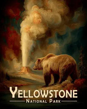 Grizzly by Geyser Yellowstone National Park Souvenir Art Print - 8"x10" Artwork
