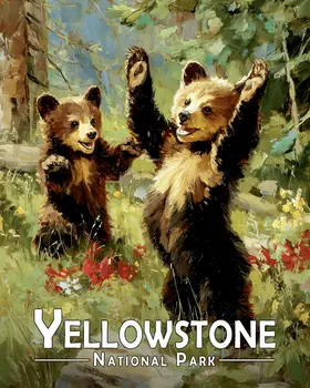 Bear Cubs Playing Yellowstone National Park Souvenir Art Print - 8"x10" Artwork