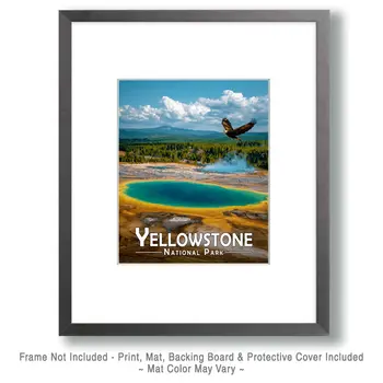Bald Eagle Over Prismatic Springs Yellowstone National Park Souvenir Art Print - 8"x10" Artwork