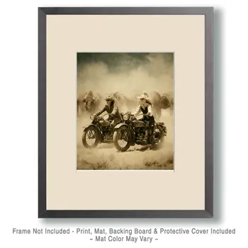 Motorcycles & Bison American West Art Print - 8"x10" Artwork