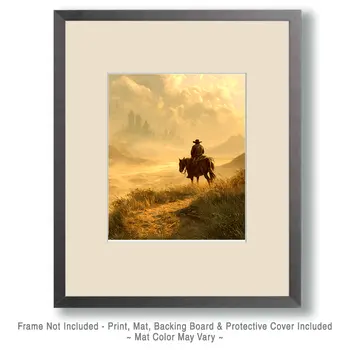 Cowboy Riding Towards the Big City American West Art Print - 8"x10" Artwork