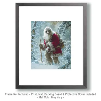 Bigfoot Santa Claus Hiking Christmas Art Print - 8"x10" Artwork