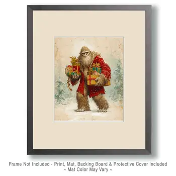 Antique Style Bigfoot Santa Claus Christmas Art Print - 8"x10" Artwork