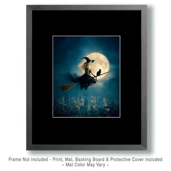 Black Cat Riding with Her Witch Halloween Art Print - 8"x10" Artwork