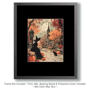 Witch & Black Cat Waiting Halloween Art Print - 8"x10" Artwork
