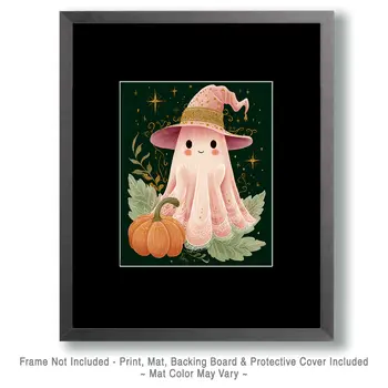 Cute Pink Ghost Halloween Art Print - 8"x10" Artwork
