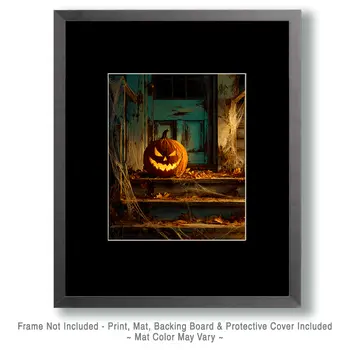 Scary Pumpkin on Doorstep Halloween Art Print - 8"x10" Artwork