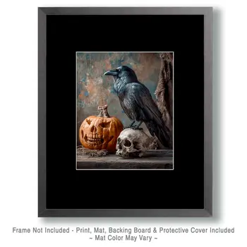 Crow, Skull, & Scary Pumpkin Still-Life Halloween Art Print - 8"x10" Artwork