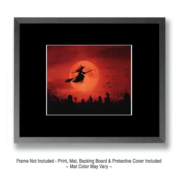 Witch Flying on Crimson Sky Halloween Art Print - 8"x10" Artwork