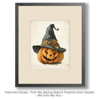Scary Pumpkin Witch Halloween Art Print - 8"x10" Artwork