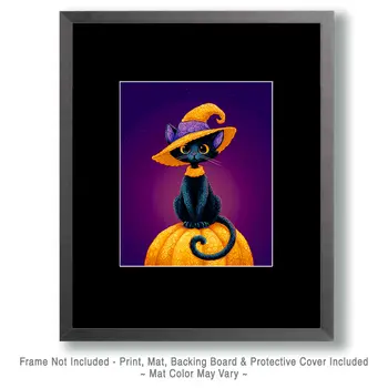 Black Cat Witch on a Pumpkin Halloween Art Print - 8"x10" Artwork