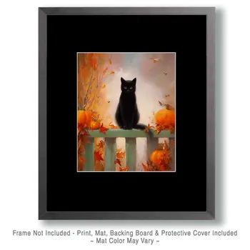 Black Cat on Porch Railing Halloween Art Print - 8"x10" Artwork