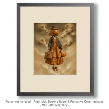 Vintage Lady Pumpkinhead Halloween Art Print - 8"x10" Artwork