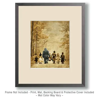 Bigfoot and Kids Heading Home After Trick or Treating Halloween Art Print - 8"x10" Artwork