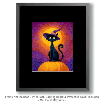 Black Cat Witch on a Pumpkin II Halloween Art Print - 8"x10" Artwork