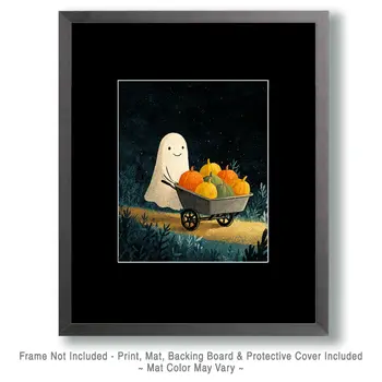 Happy Ghost Pushing Pumpkin Cart Halloween Art Print - 8"x10" Artwork