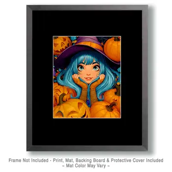 Happy Witch in Pumpkin Patch Halloween Art Print - 8"x10" Artwork