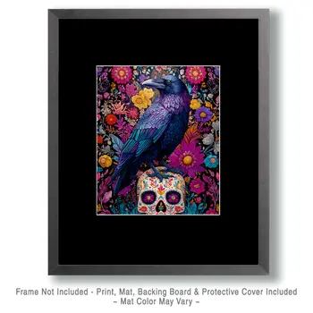 Raven on Calavera Skull Halloween Art Print - 8"x10" Artwork