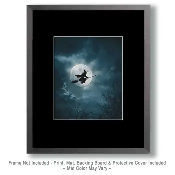 Classic Witch Flying on a Broom Halloween Art Print - 8"x10" Artwork