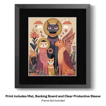 Folk Art Angel Cats and Hearts Art Print - 8"x10" Artwork for 11"x14" Frame