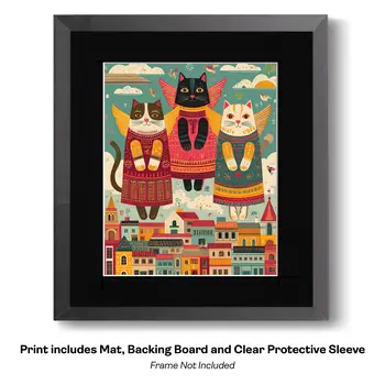 Folk Art Angel Cats and Hearts Art Print - 8"x10" Artwork for 11"x14" Frame