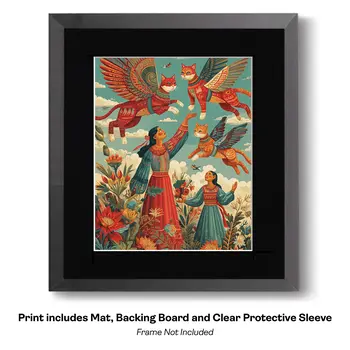 Folk Art Angel Cats and Hearts Art Print - 8"x10" Artwork for 11"x14" Frame
