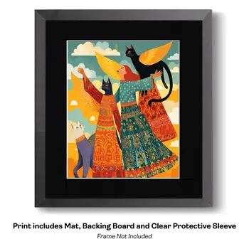 Folk Art Angel Cats and Hearts Art Print - 8"x10" Artwork for 11"x14" Frame