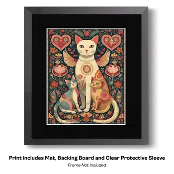 Folk Art Angel Cats and Hearts Art Print - 8"x10" Artwork for 11"x14" Frame
