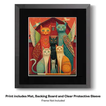 Folk Art Angel Cats and Hearts Art Print - 8"x10" Artwork for 11"x14" Frame